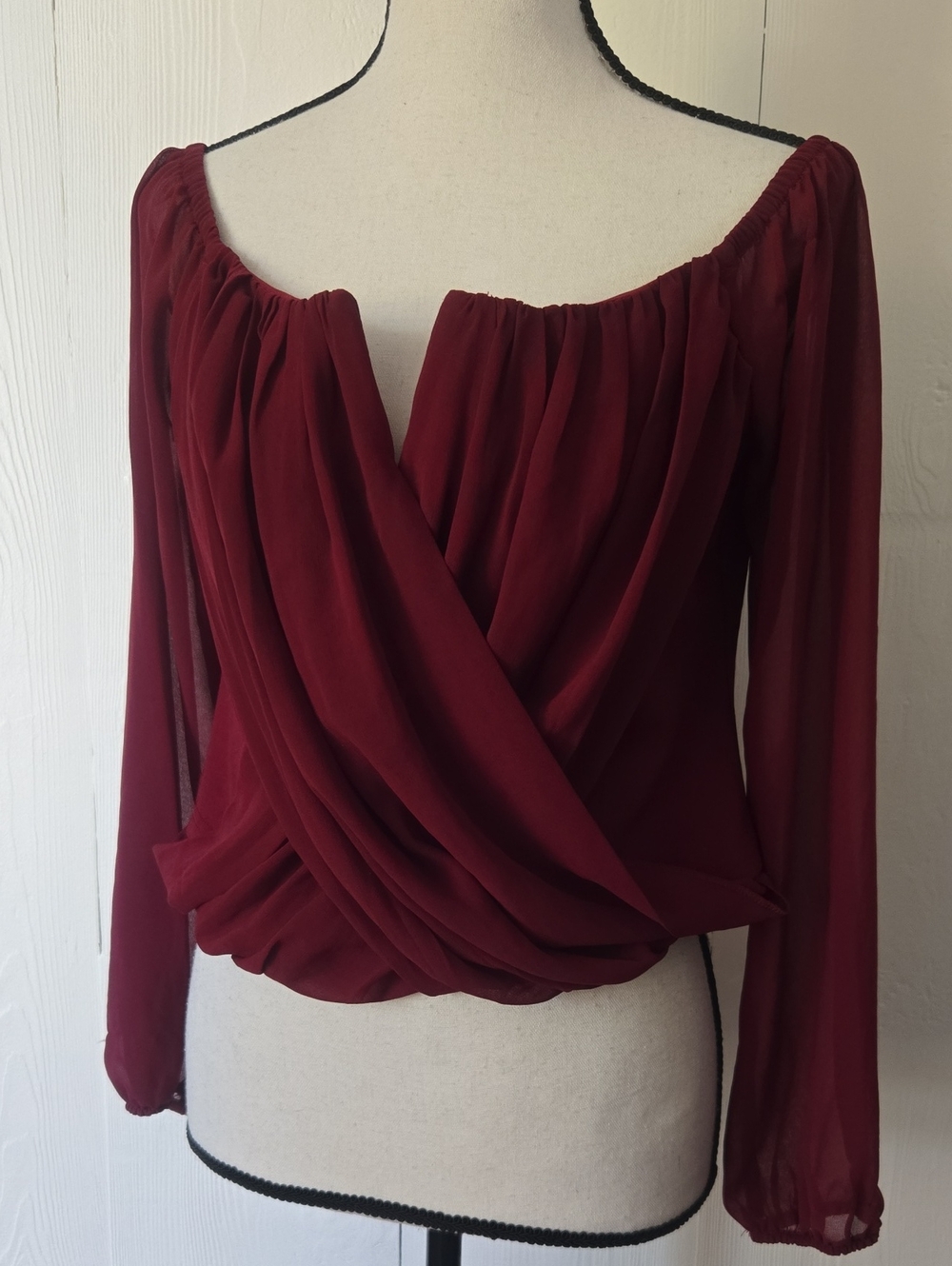 Guess Burgundy Draped Long-Sleeve V Neck Blouse